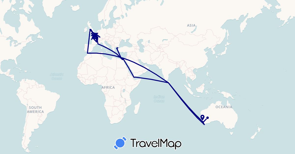 TravelMap itinerary: driving in Australia, Belgium, Egypt, France, United Kingdom, Greece, Sri Lanka, Morocco, Turkey, Yemen (Africa, Asia, Europe, Oceania)